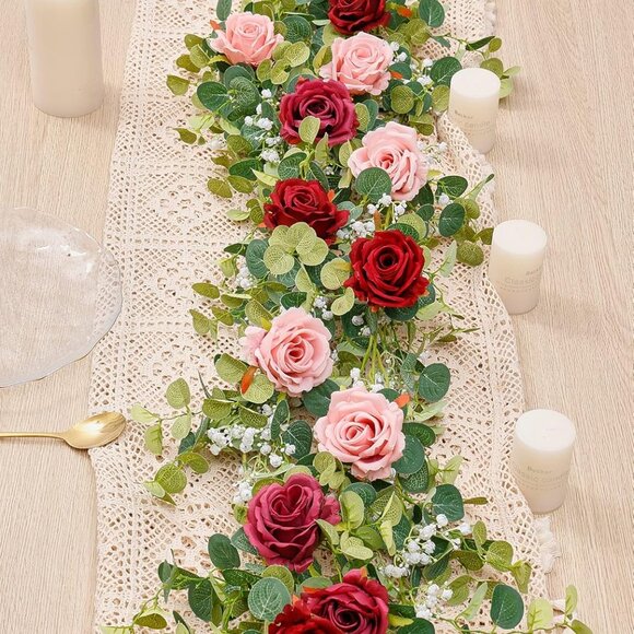 5.91FT Artificial Eucalyptus Garland with Roses and Gypsophila, Faux Floral Garl - Picture 2 of 7